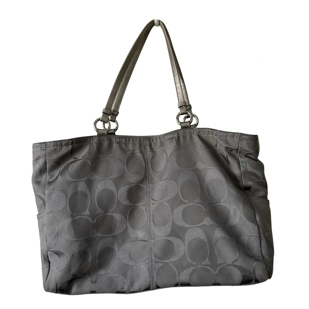 Coach Signature Monogram Tote Bag Gray Silver Metallic Leather Trim Shoulder Bag